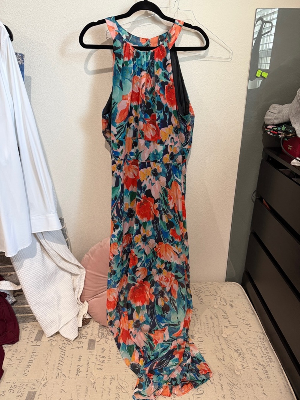 ECI Multicolor Floral Halter Maxi Dress with Coral and Teal Accents